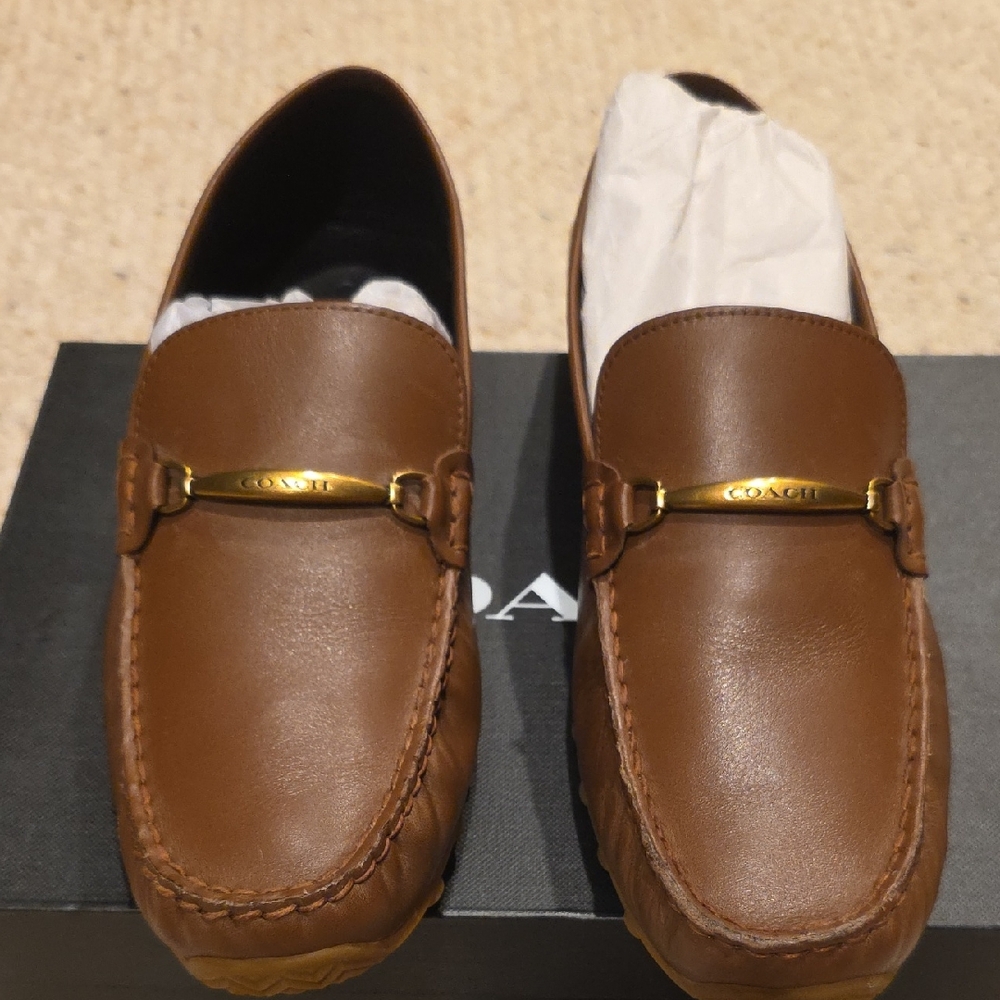 Coach Men's Tan Leather Loafers with Gold Accent